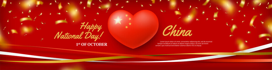 1st of October Happy China Day flyer with text. Chinese memorial holiday horizontal banner, poster, greeting card, patriotic symbolic background realistic vector illustration