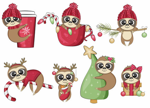 Cute christmas sloths collection. Winter holidays. Vector illustration.
