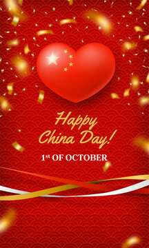 Happy China Day, 1st of October red card. Chinese memorial holiday greeting banner, poster, background in patriotic color with gold stars and glossy 3d heart realistic vector illustration