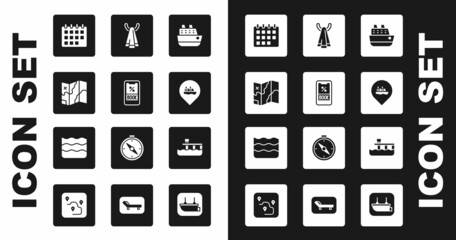 Set Cruise ship, ticket, Folded map, Calendar, Location with cruise, Towel hanger, Beach pier dock and Wave icon. Vector