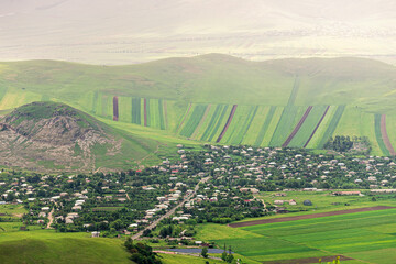 a village in a rural area with a sown agricultural field on a hillside.