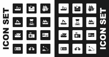 Set Cruise ship, Cook, Tropical island in ocean, Beach pier dock, Shark fin wave, Postcard travel and Sinking cruise icon. Vector