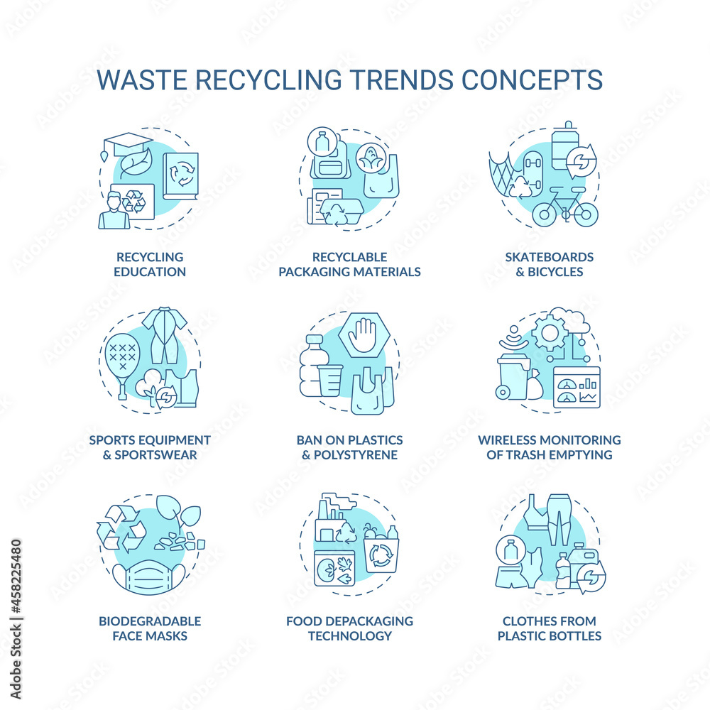 Poster garbage recycling trends concept icons set. environmental problems. reduction in world pollution ide