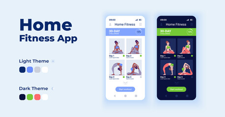 Home fitness app cartoon smartphone interface vector templates set. Mobile app screen page day and dark mode design. Online sport exercises UI for application. Phone display with flat character