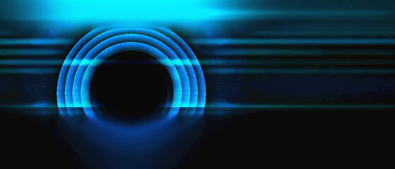 Abstract future technology vision design innovation concept. 3D illustration background. Sci fi technology pattern big hall room with lights and circle shaped neon light. Blue background