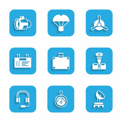 Set Suitcase, Barometer, Radar, Pilot, Headphones with microphone, Airport board, Plane propeller and Jet engine turbine icon. Vector