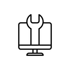 IT support thin line icon, wrench on screen. Modern vector illustration for technical repair.
