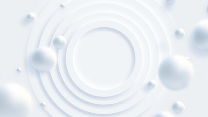 Top view of simple empty white circle podium stage background. Futuristic technology design. Abstract parametric interior. Blank opened 3D illustration mock-up. White building pale geometric pattern.