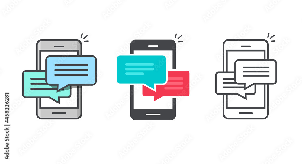 Poster icon of chatting message on mobile cell phone notice or notification set line outline art and flat c