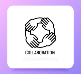 Collaboration thin line icon: four hands holding each other. Modern vector illustration of teamwork, support, partnership.