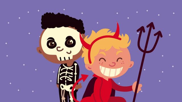 happy halloween animation with little skeleton and devil