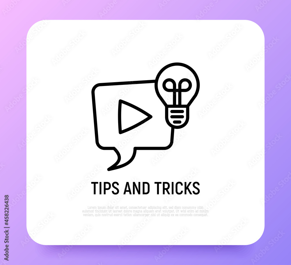 Poster tips and tricks thin line icon. video with interesting and helpful ideas: speech bubble with play bu
