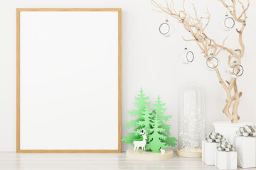 Mockup poster photo frame with christmas decoration