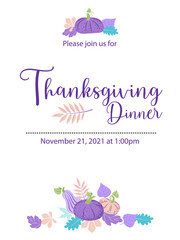 Thanksgiving dinner invitation template. Pumpkins and autumn leaves in an unusual calm palette. The vector is made in a flat style. Place for your text.