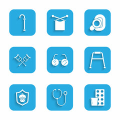 Set Eyeglasses, Stethoscope, Pills in blister pack, Walker, Grandmother, Crutch or crutches, Hearing aid and Walking stick cane icon. Vector