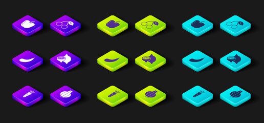 Set Carrot, Onion, Eggplant, Lemon, Cherry and Apple icon. Vector