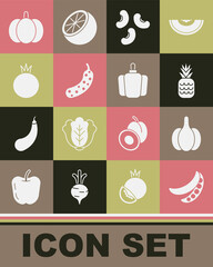 Set Green peas, Garlic, Pineapple, Beans, Fresh cucumber, Tomato, Pumpkin and Bell pepper icon. Vector