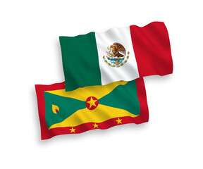 National vector fabric wave flags of Mexico and Grenada isolated on white background. 1 to 2 proportion.