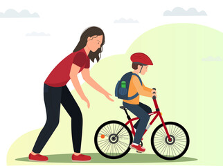 Young happy woman or mother teaching a boy in the helmet to ride a bike, healthy lifestyle concept, sport activity concept, flat vector illustration