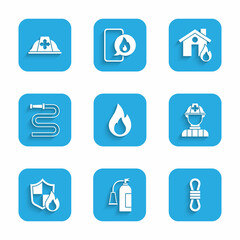 Set Fire flame, extinguisher, Climber rope, Firefighter, protection shield, hose reel, burning house and helmet icon. Vector