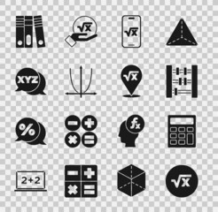 Set Square root of x glyph, Calculator, Abacus, Graph, schedule, chart, diagram, XYZ Coordinate system, Office folders and icon. Vector