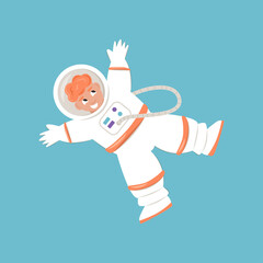 Cute cosmonaut character exploring outer space vector flat cartoon illustration isolated on blue background.