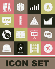 Set Pi symbol, XYZ Coordinate system, Graph, schedule, chart, diagram, Ruler, Office folders and Geometric figure Tetrahedron icon. Vector