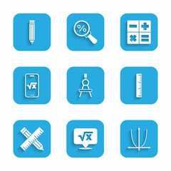 Set Drawing compass, Square root of x glyph, Graph, schedule, chart, diagram, Ruler, Crossed ruler and pencil, Calculator and Pencil icon. Vector