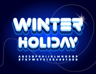 Vector trendy poster Winter Holiday. Creative electric Font. Illuminated Blue Alphabet Letters and Numbers