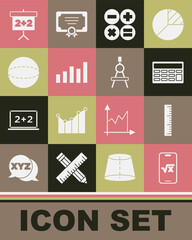 Set Square root of x glyph, Ruler, Calculator, Graph, schedule, chart, diagram, Geometric figure Sphere, Chalkboard and Drawing compass icon. Vector