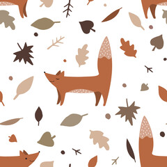 Foxes and autumn fall leaves, flowers, vector seamless pattern. Forest illustration. Nature design. Thanksgiving day. Fall season with cute forest animal