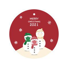 Snow man and family wearing face mask to protect from virus COVID-19.