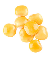 Pickled yellow lupine beans isolated on white background. Tournus, preserved lupinus. Top view.