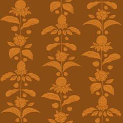 Earthy ochre brown wild meadow flower seamless vector pattern. Arts and crafts style sea holly flowers, daisies background. Elegant stylized geometric backdrop. Botanical repeat for celebration