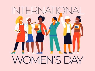 Obraz premium Labor women day poster. International female holiday. People of different professions. Cartoon group of friends hold hands. Girls power. Happy persons in work uniform. Vector concept