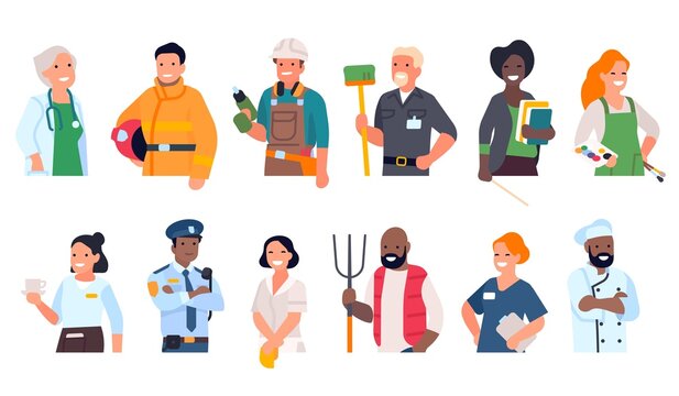 People of different professions. Cartoon worker portraits to waist with hands. Multiethnic men and women in uniform. Smiling person avatars. Professional activities. Vector employees set