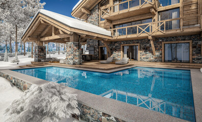 3d rendering of modern cozy chalet with pool and parking for sale or rent. Beautiful forest mountains on background. Massive timber beams columns. Cool winter day with shiny white snow.