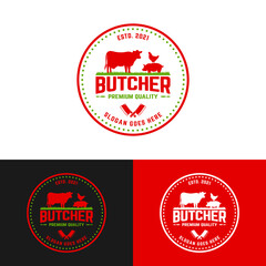 Vintage Butcher Badge Label Stamp Emblem with Symbol of Cow Pork Chicken. Suitable for Butchers Butchery Deli Beef Meat Shop Market in Hipster Retro Style Logo Design Template.