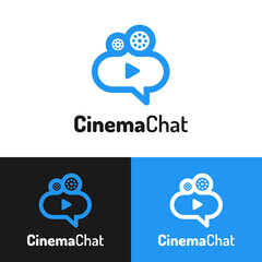 Ballon Bubble Chat with Play Button and Camera Reel Logo Design Template. Suitable for Video Film Movie Cinema Studio Production Creator Company or Mobile Applicaton Simple Modern Logo Design.