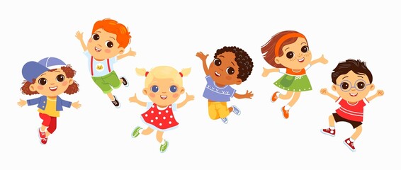 Happy jumping kids. Funny children, active little friends in flying poses, boys and girls characters gestures and face expressions, smiling students, vector cartoon flat isolated set