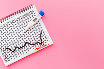 Basal ovulation temperature chart with thermometer, top view