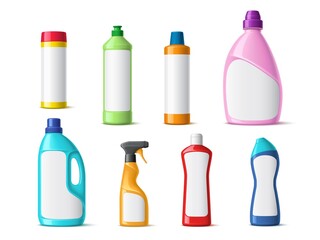 Detergent color mockup. Different domestic cleaners containers, sanitary liquid products, realistic bottles with blank labels, laundry and household hygiene package, vector 3d isolated set