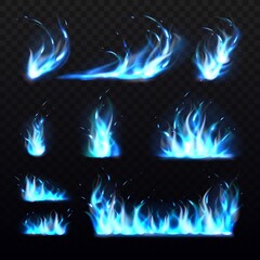 Blue flames. Realistic cold burning effects, 3d magic fires, carbon monoxide gas colored flame, different shapes, glowing sparks, fiery borders decorative elements, vector isolated set