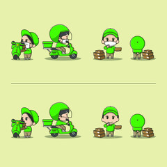 cute delivery illustration, illustration of delivery wearing a mask and not wearing a mask, gradual fast delivery