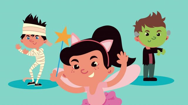 halloween animation of mummy and fairy with frankenstein