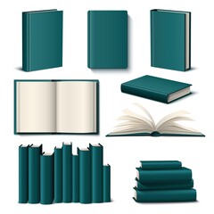 Realistic color books mockup. 3d empty elegant design book template, dark green hardcover and ivory color pages, volumes thick, different angles view, single and stacks, vector isolated set