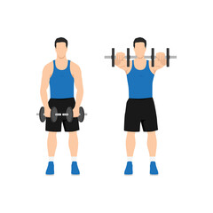 Fototapeta na wymiar Man doing Two arm dumbbell front shoulder raises exercise. Flat vector illustration isolated on white background