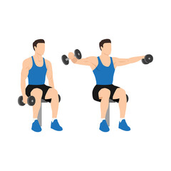 Fototapeta na wymiar Man doing Seated dumbbell Lateral raises. Power partials exercise. Flat vector illustration isolated on white background