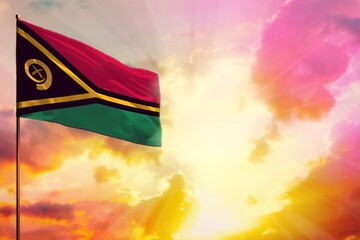 Fluttering Vanuatu flag in top left corner mockup with the space for your text on beautiful colorful sunset or sunrise background.