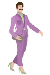 Vector isolated illustration of man with moustache on high heels. Isolated on white background.